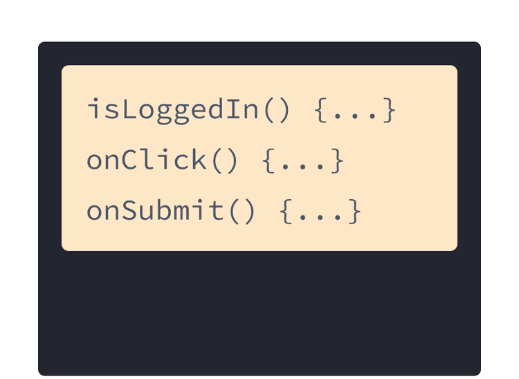 黄色の背景に 3 つの JavaScript のハンドラ。onSubmit, onLogin, onClick の 3 つ。